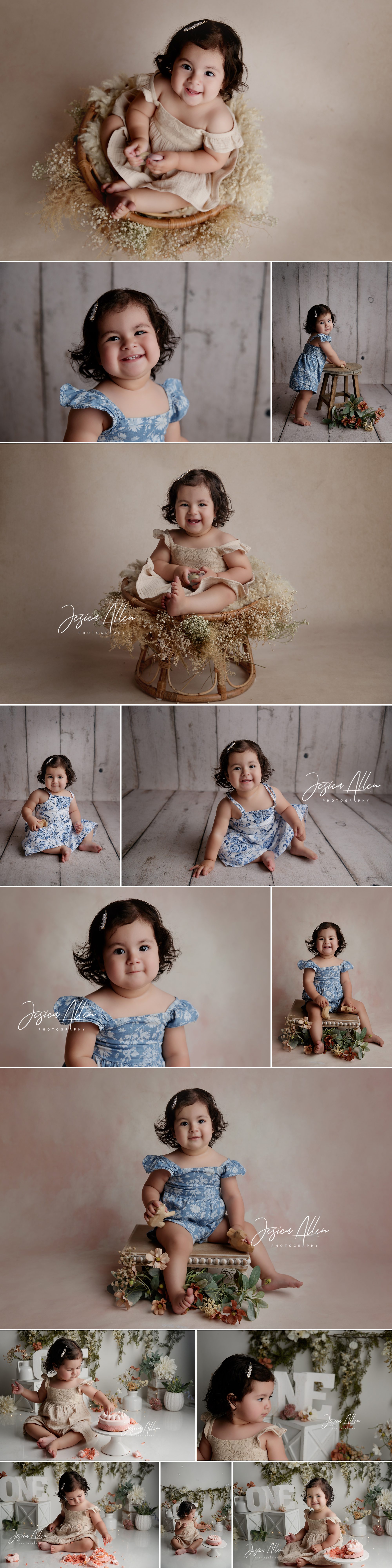 Baby Isla sitting in a rustic basket surrounded by soft florals, celebrating her first birthday with a joyful smile – Lodi baby photographer.