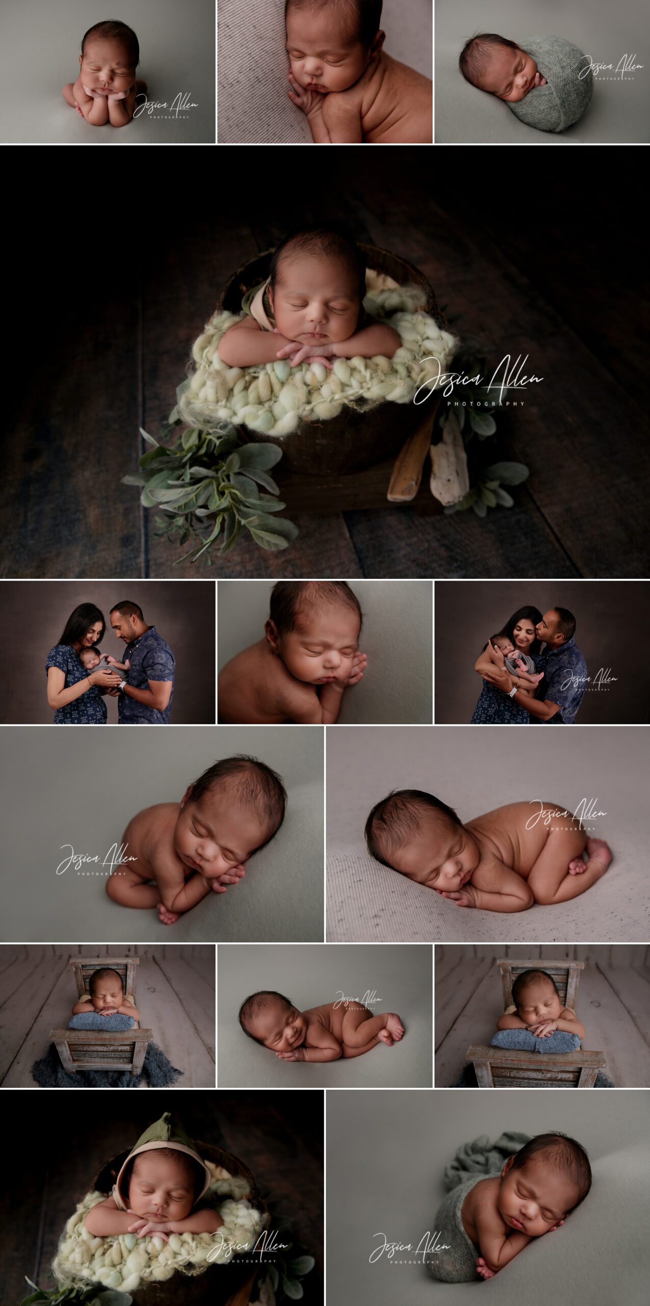Newborn baby Angad sleeping peacefully in a rustic wooden bucket, surrounded by soft green and cream textures.