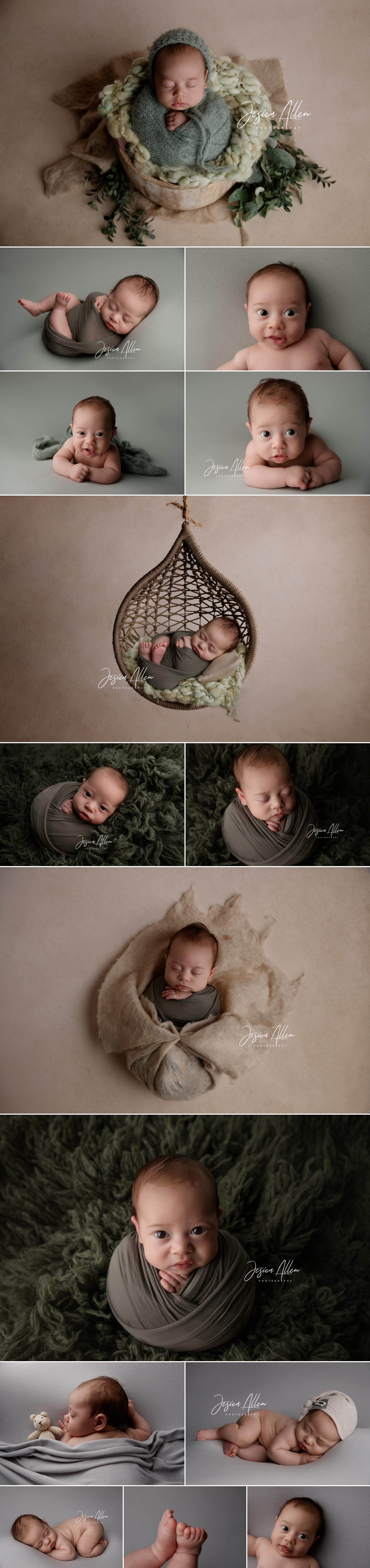 Baby wrapped in soft green fabric, peacefully sleeping in a cozy basket surrounded by greenery.