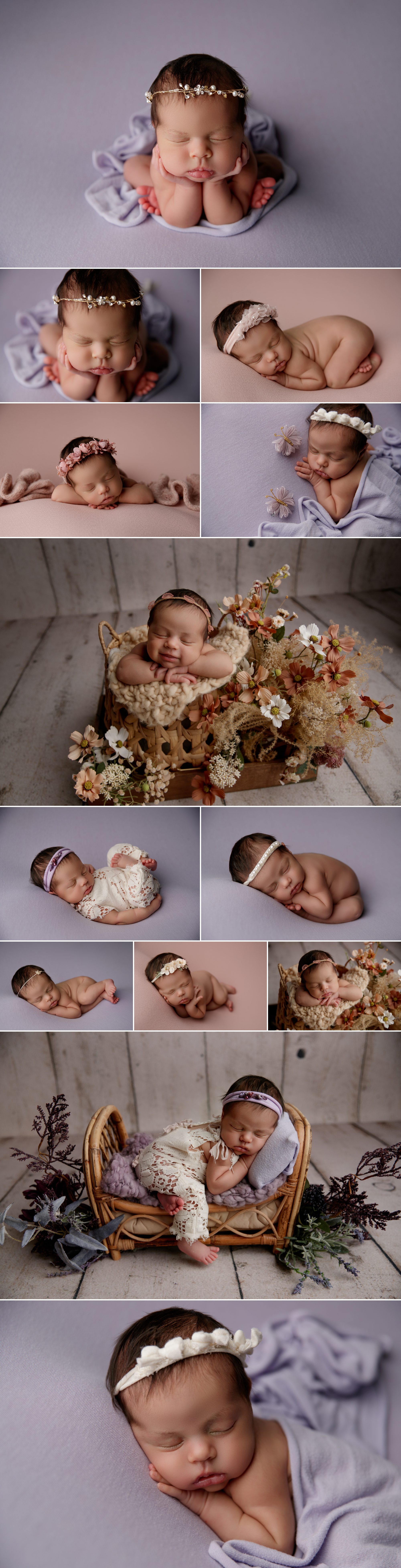 Newborn baby Lily, 19 days old, peacefully sleeping in various soft purple and pink setups with delicate floral headbands and cozy blankets