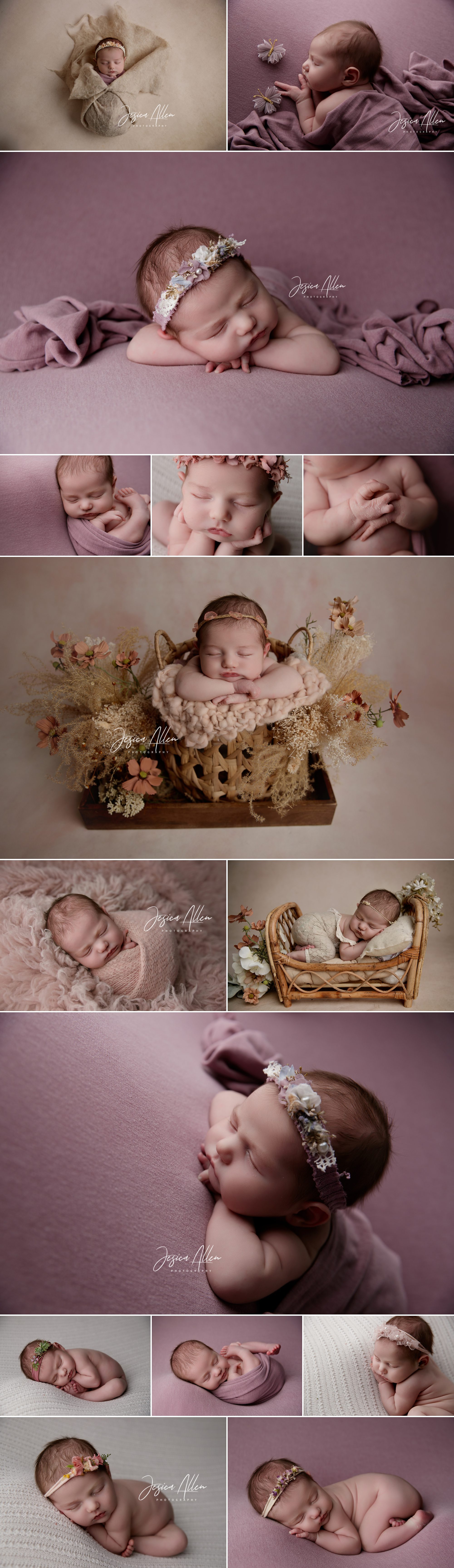 Newborn baby Lillian, 13 days old, peacefully sleeping in soft purple tones with floral headbands and cozy blankets.