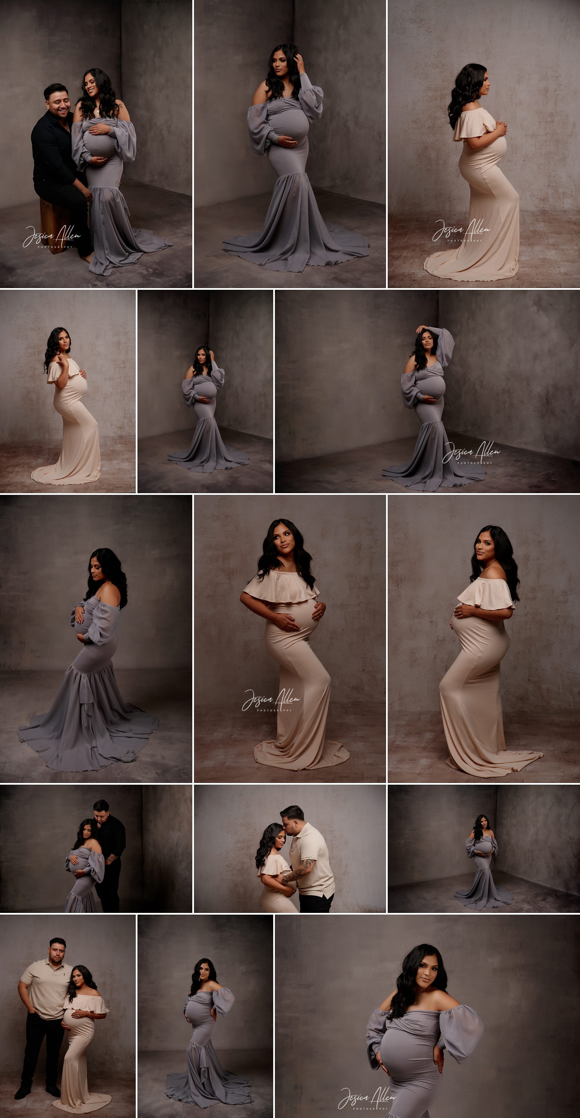 Kimberly, 33 weeks pregnant, glowing in elegant gray and beige gowns with a soft, textured backdrop and intimate natural poses.