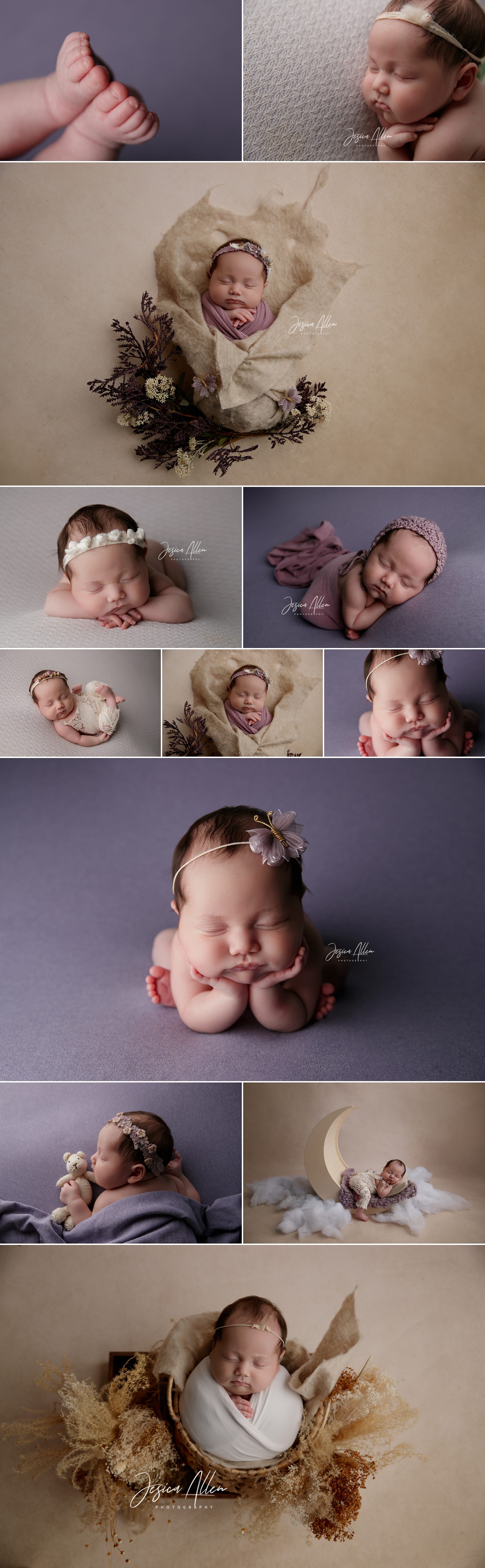 Newborn baby Emilia, 4 weeks old, peacefully sleeping in soft purple and cream tones, with floral and moon-themed setups.