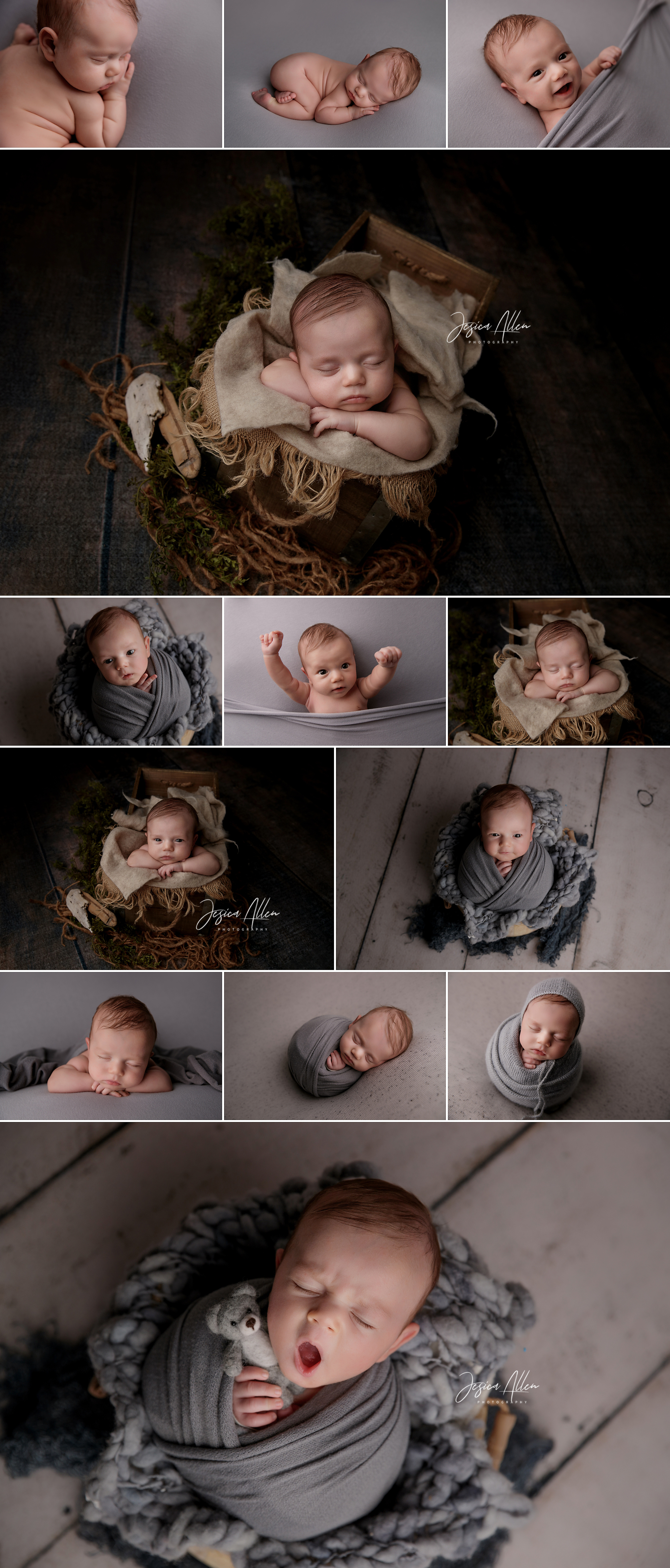 Baby Logan at 6 weeks old, wrapped in soft grey blankets, yawning, smiling, and peacefully posing in cozy, textured setups with natural props.