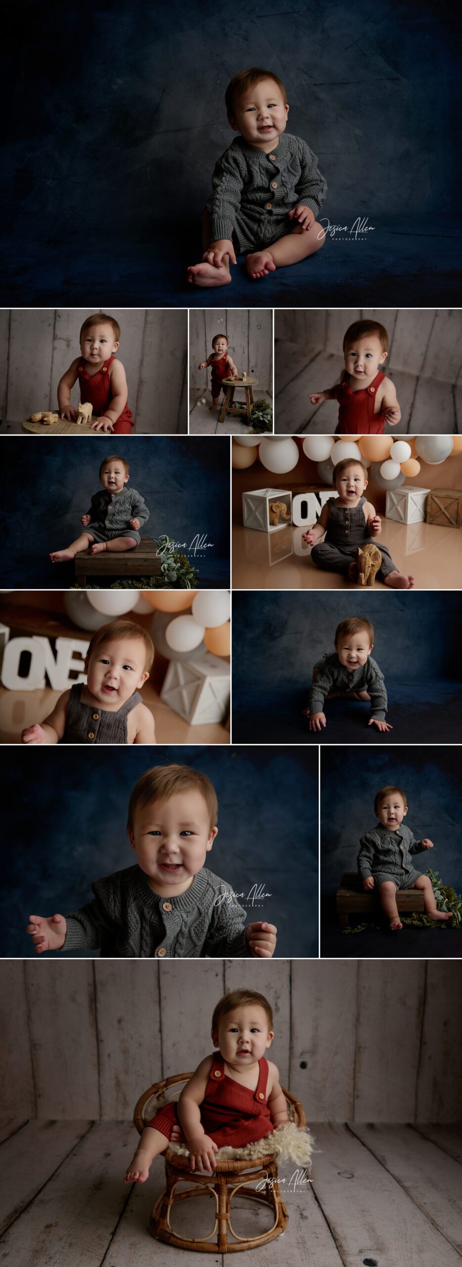 One-year-old baby Maxim during his milestone and cake smash session in Lodi, CA, smiling, crawling, and covered in frosting with balloon decor.