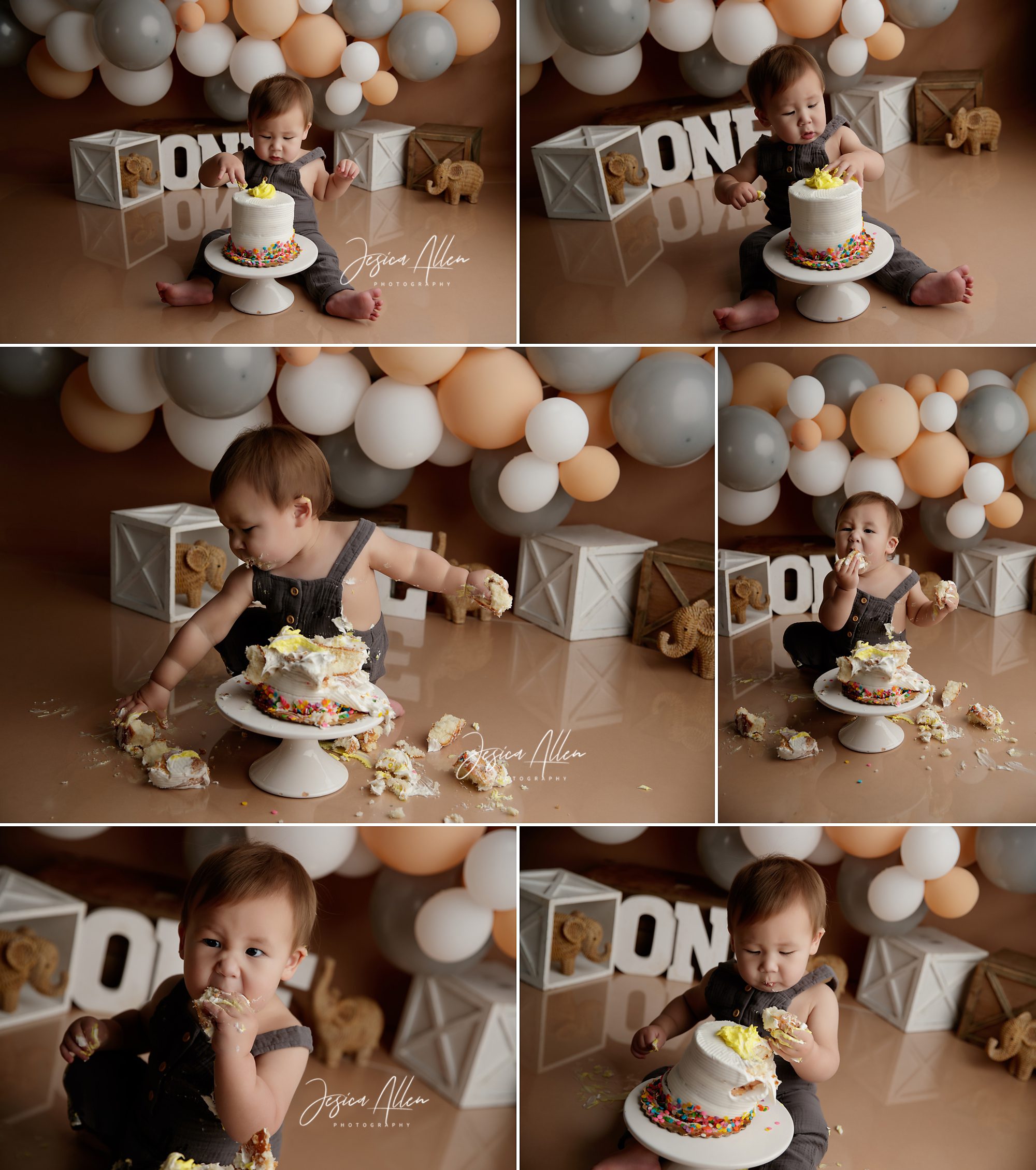 One-year-old baby Maxim during his milestone and cake smash session in Lodi, CA, smiling, crawling, and covered in frosting with balloon decor.