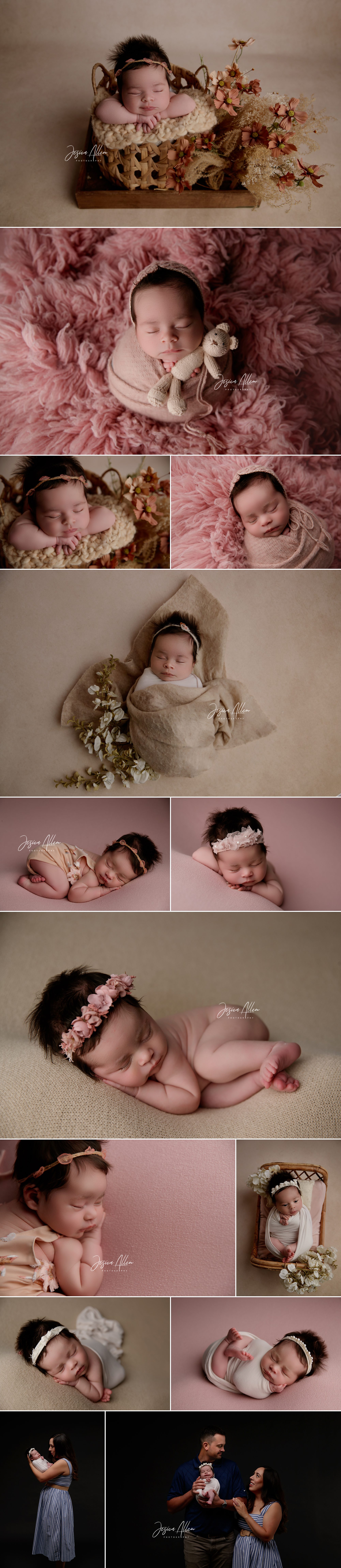 Newborn baby Reagan, 13 days old, in soft pink and cream setups with floral accents, sleeping peacefully and posing with parents in the studio.