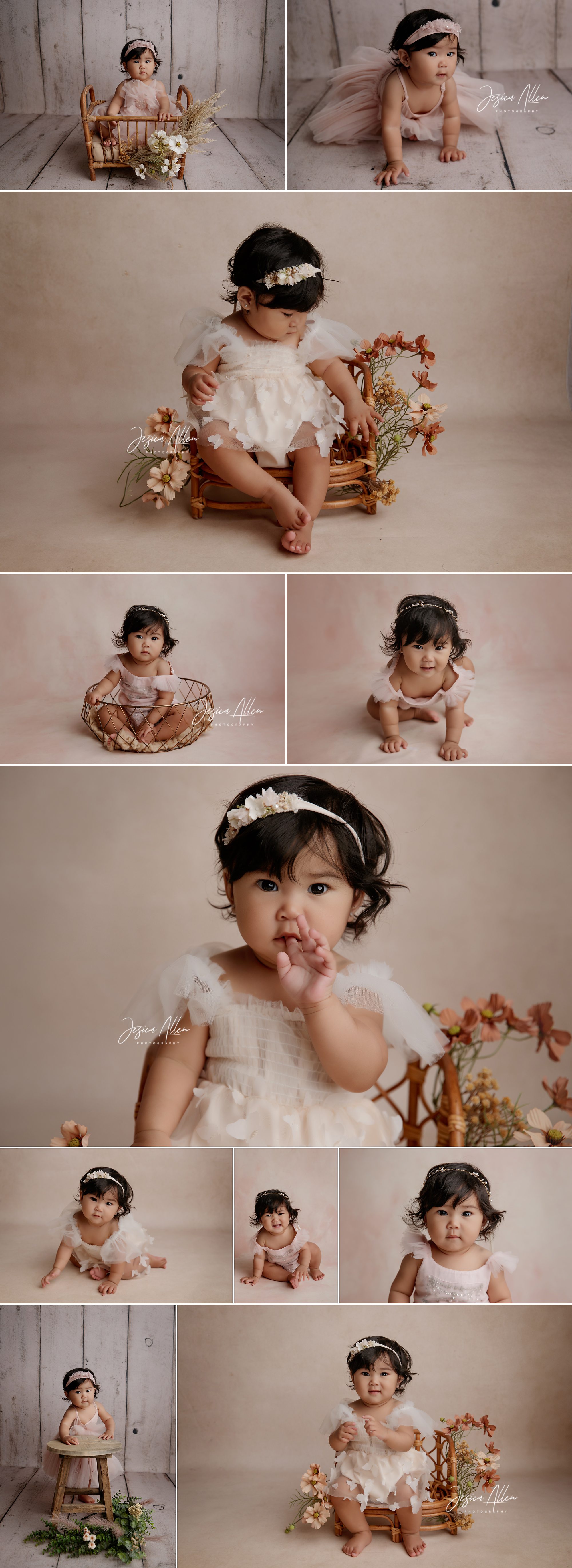Baby girl Summer at her one-year milestone and cake smash session, smiling, crawling, and covered in frosting with soft florals and pink balloon decor.