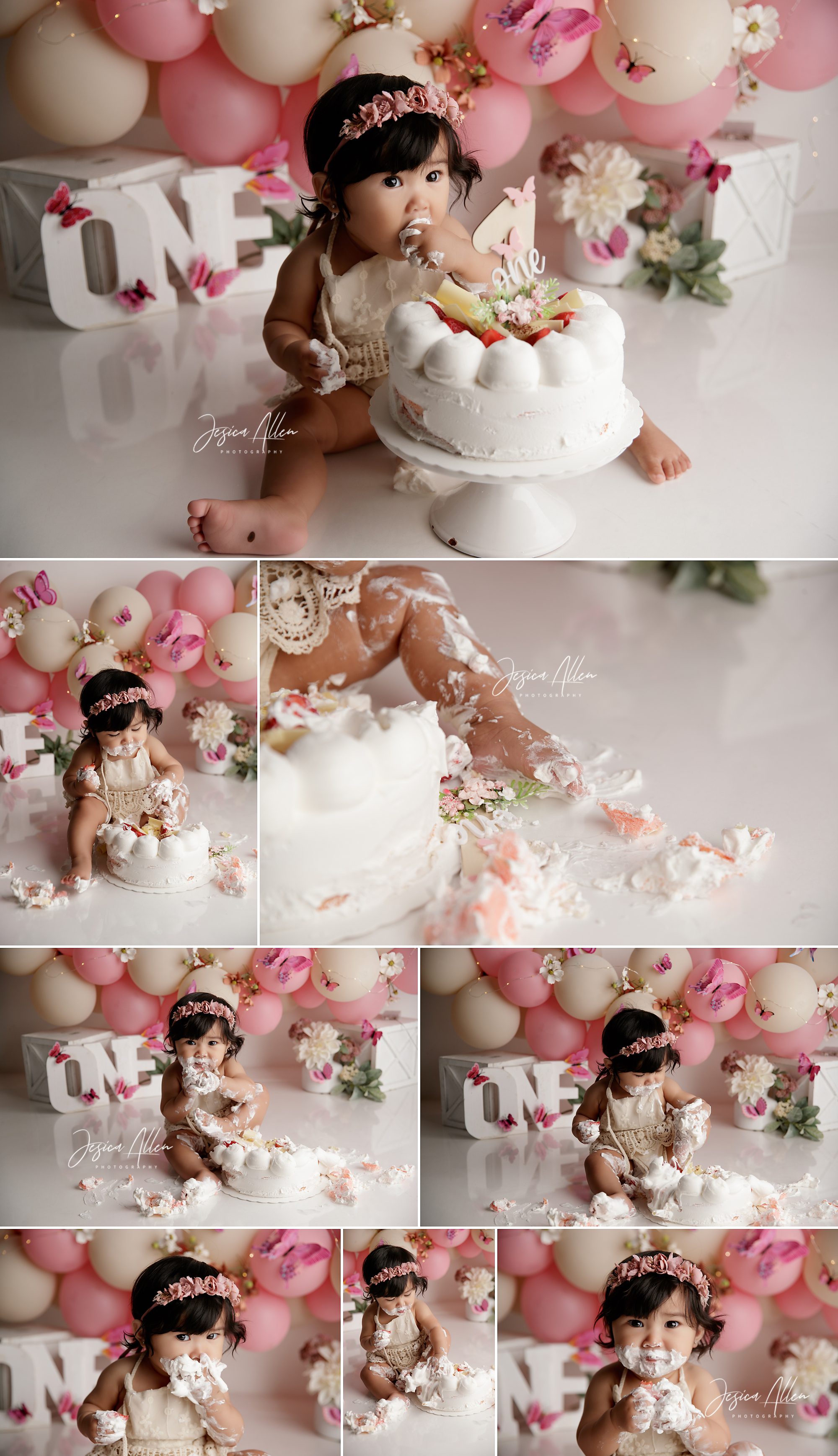 Baby girl Summer at her one-year milestone and cake smash session, smiling, crawling, and covered in frosting with soft florals and pink balloon decor.