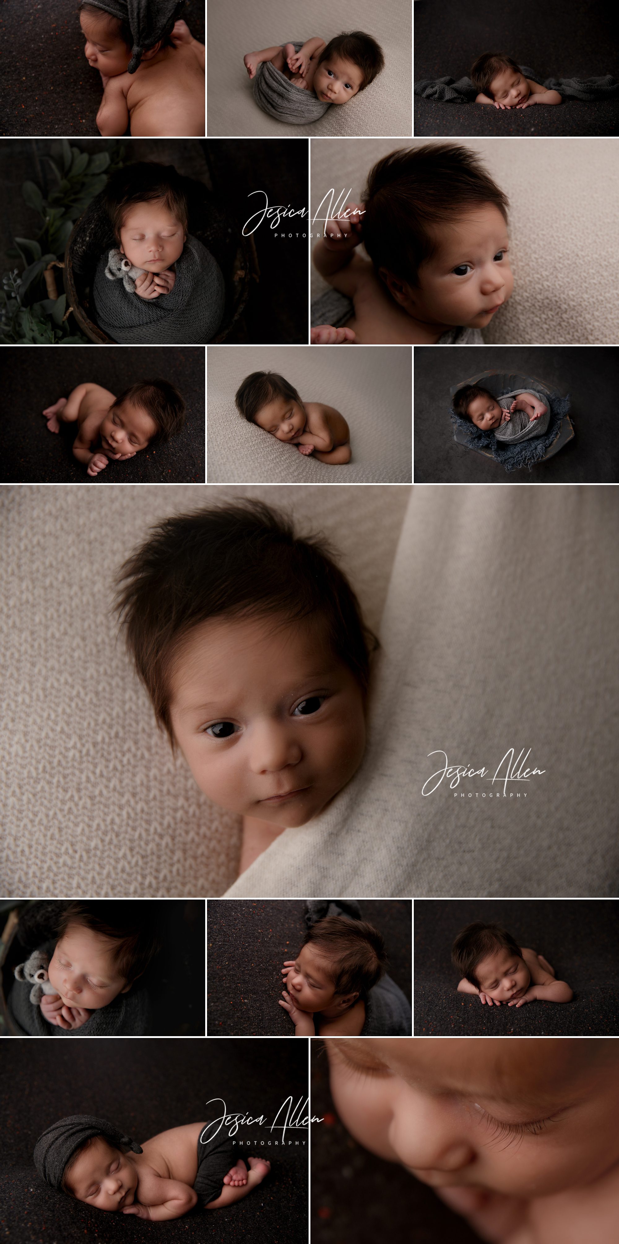 Cristobal at 4 weeks old during his newborn session, awake and sleeping peacefully in warm, textured wraps with cozy neutral tones and soft lighting.
