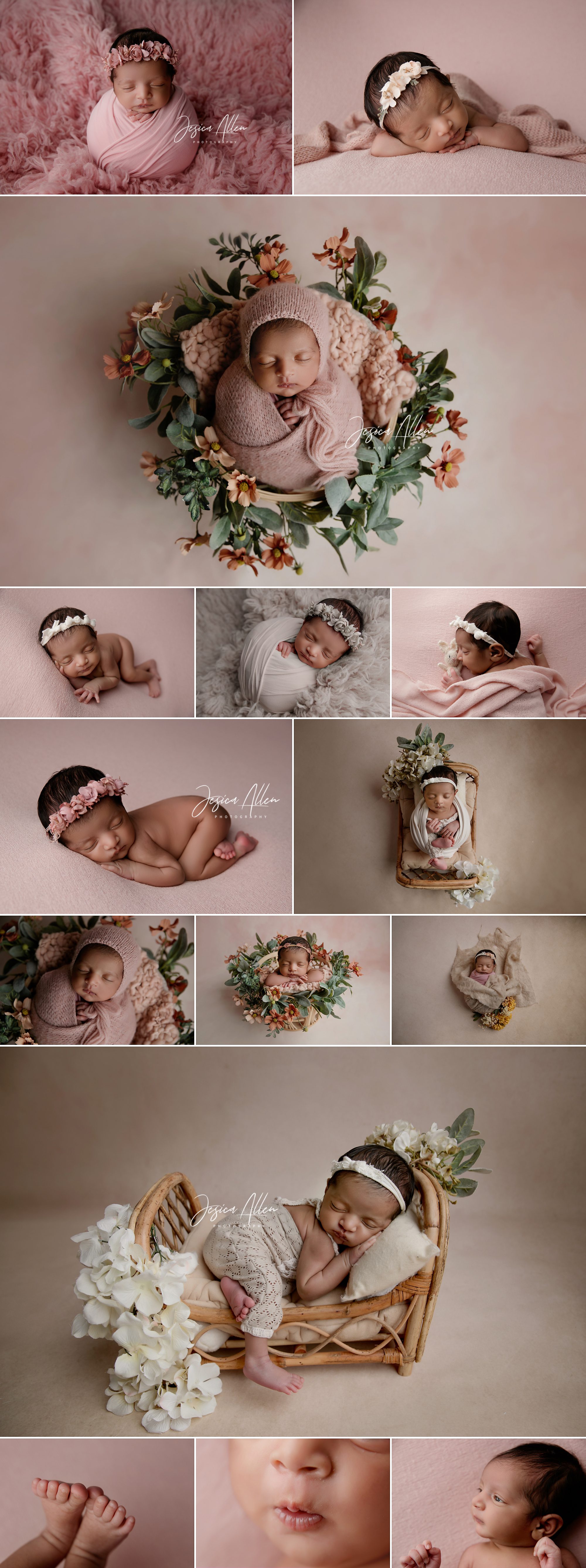 Newborn baby Vernika peacefully sleeping in soft pink and neutral setups, with floral baskets, cozy wraps, and close-up detail shots.