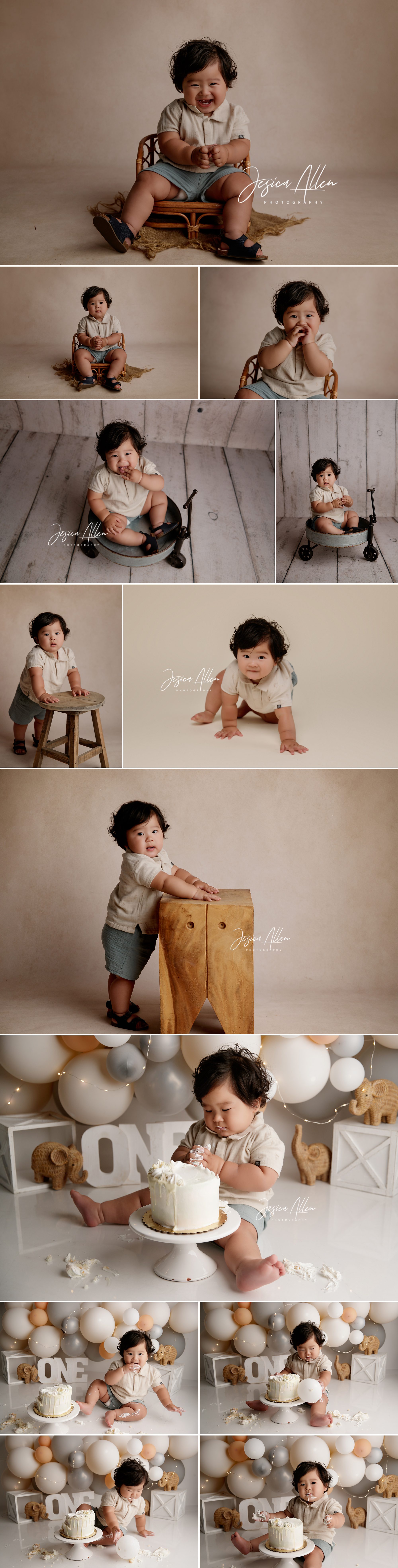Baby boy during a one-year milestone session and cake smash with a neutral balloon backdrop in Lodi, California.