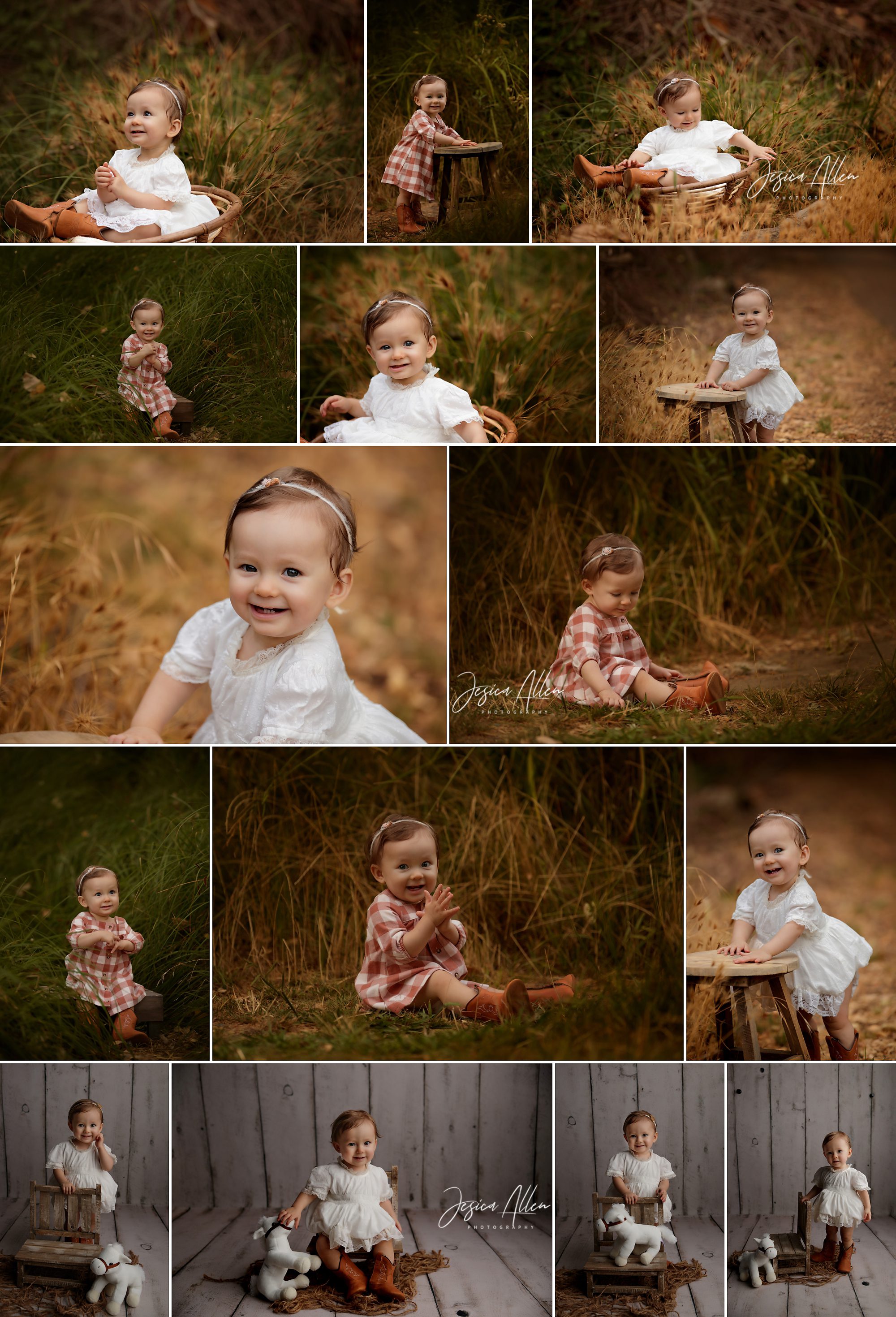 One-year-old baby girl Sage in milestone photography session with outdoor fall tones, plaid and white dresses, and indoor portraits in Lodi, California.