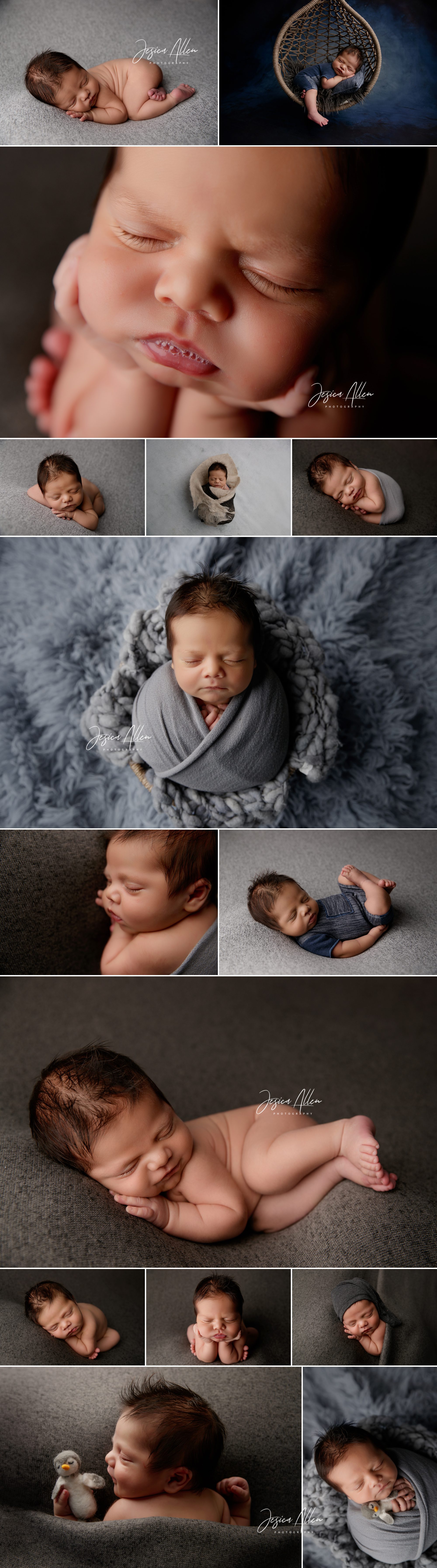 Newborn baby boy at 16 days old sleeping peacefully in soft gray wraps and blankets during a studio session in Lodi, California.