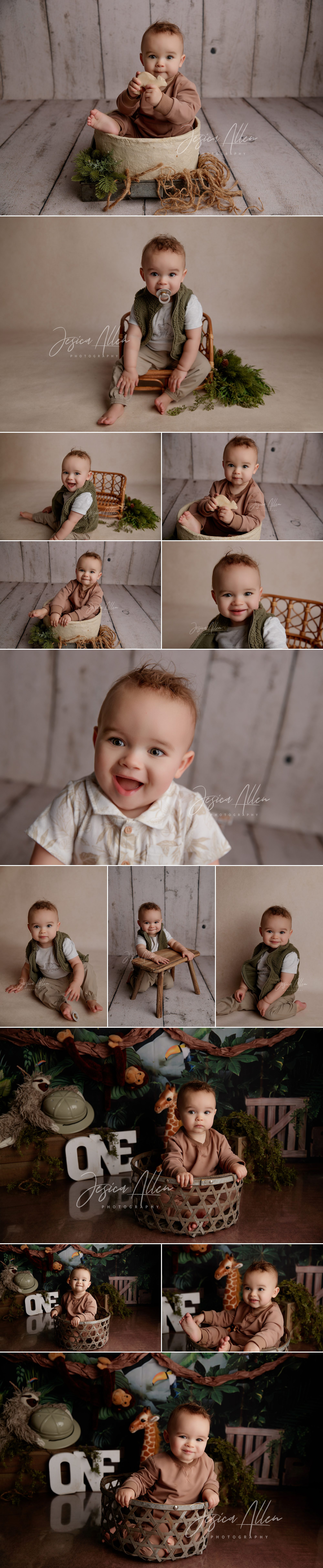 One year old baby boy enjoying a milestone and cake smash session with a jungle themed setup, greenery, and playful animal details in a Lodi, California studio.
