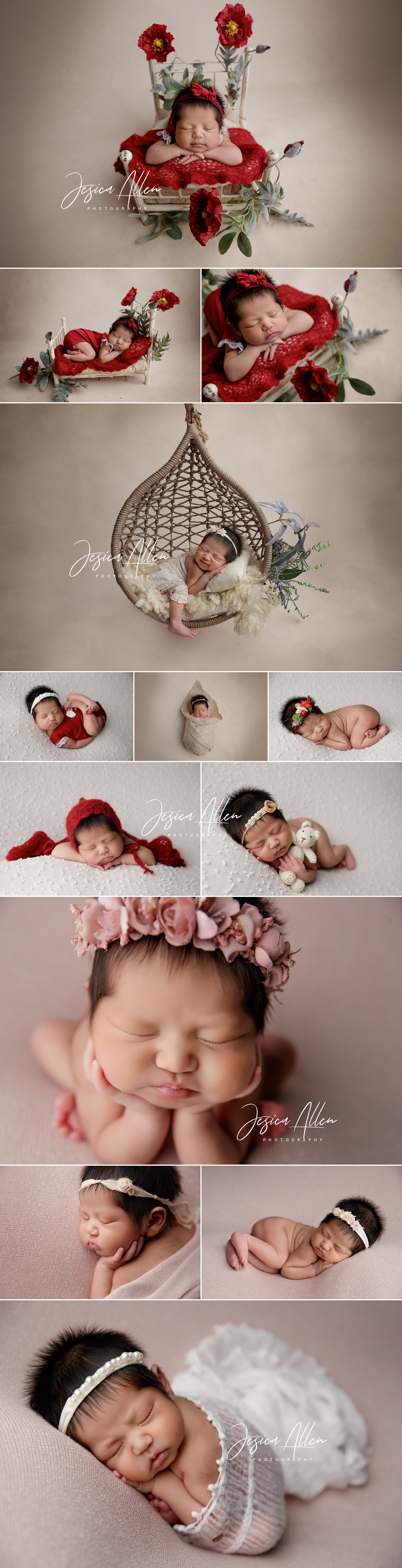 Newborn baby girl Gema at 8 days old posed in a studio session with soft neutral tones, floral setups, and wrapped poses, captured by a Lodi California newborn photographer.