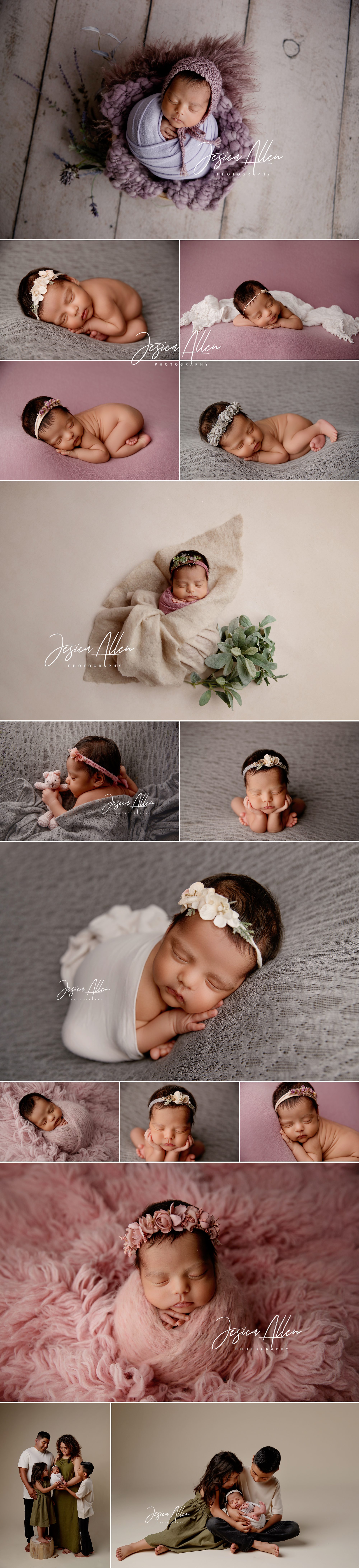 Newborn baby girl Naomi at 3 weeks old photographed in a studio session with soft pink and neutral tones, wrapped poses, and family portraits in Lodi California.